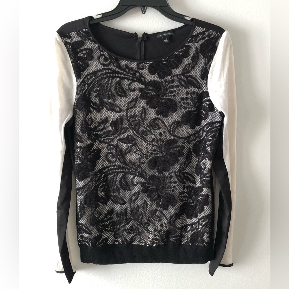 Ann Taylor Black Lace-Overlay Long Sleeve Top